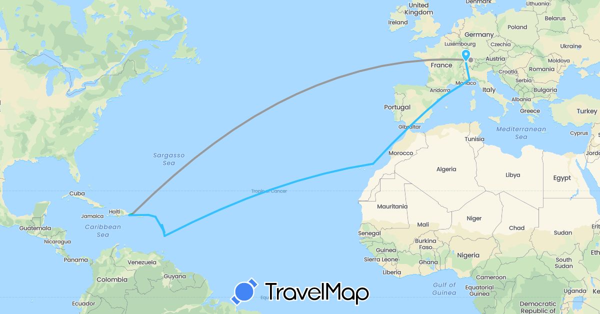 TravelMap itinerary: driving, bus, plane, boat in Switzerland, Dominican Republic, Spain, France, Gibraltar, Italy, Saint Lucia, Netherlands, British Virgin Islands (Europe, North America)